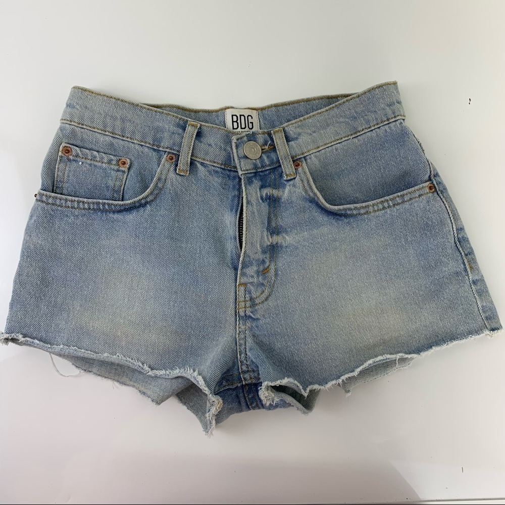 BDG Girlfriend High Rise Distressed Cut Off Denim Shorts Indigo Blue Size 24